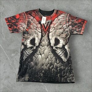 NWT Vindication Shirt Men Medium Red Black Y2K Grunge Mallgoth Emo MMA Skull AOP